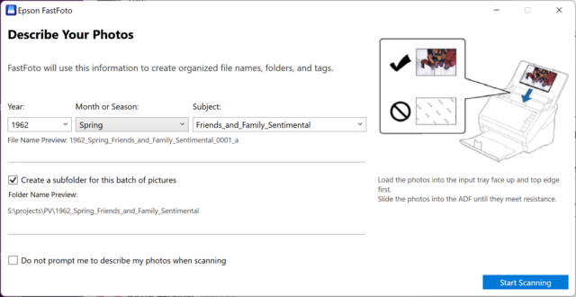 FastFoto has a nice interface for quickly labeling batches of photos as you scan them.