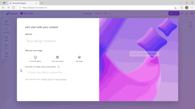An animated GIF preview of the Microsoft Designer app's "Start From Scratch" feature, provided by Microsoft.