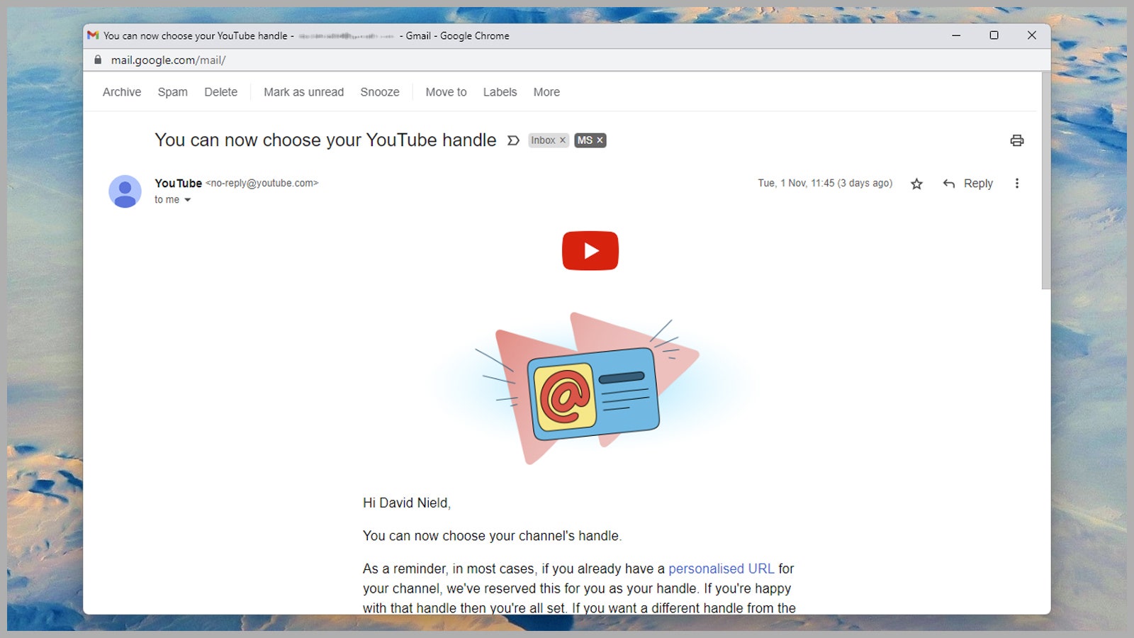 Screenshot on a desktop browser of an email from YouTube about claiming a YouTube handle.