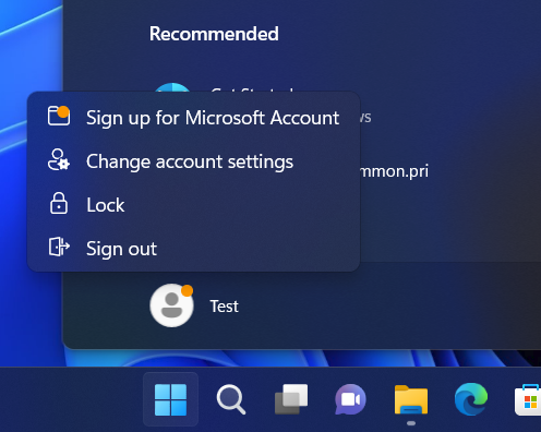 Microsoft Account sign-up prompts, now in the sign-in menu. 