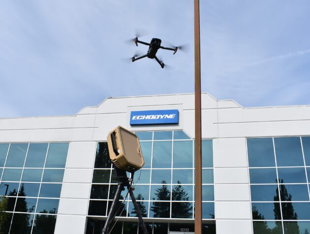 Drone and radar in front of Echodyne HQ