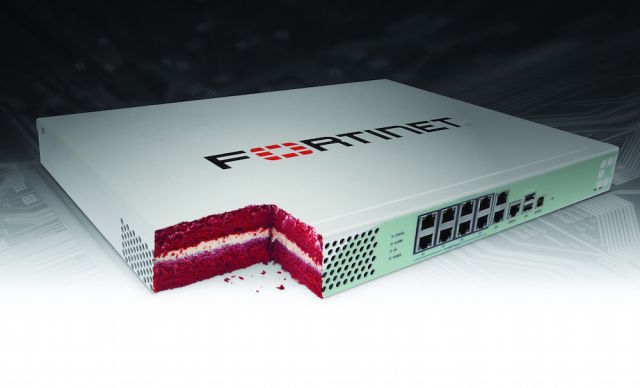 A cake made to resemble FortiGate hardware.