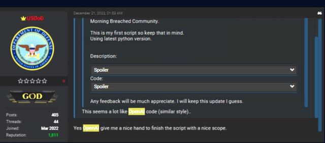 A screenshot showing a forum participant discussing code generated with ChatGPT.