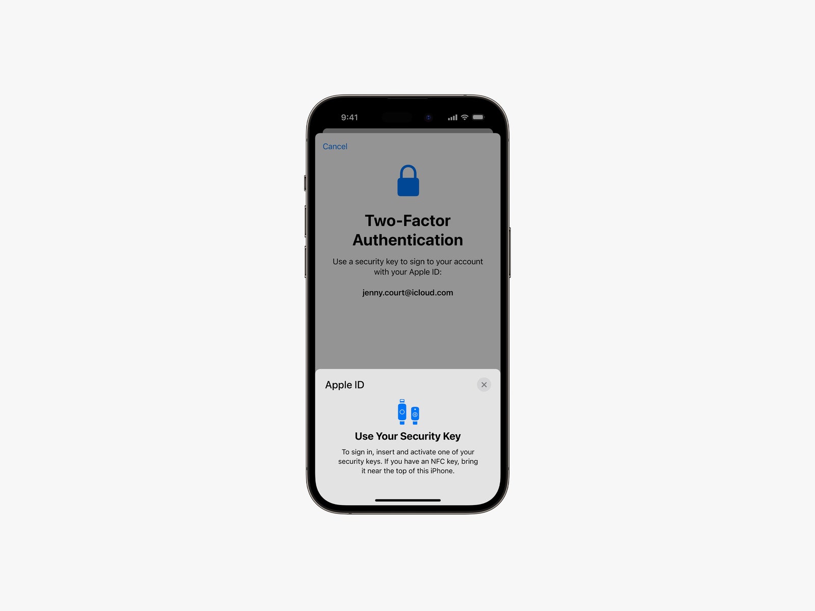 Apple iPhone displaying twofactor authentication and security key prompt.