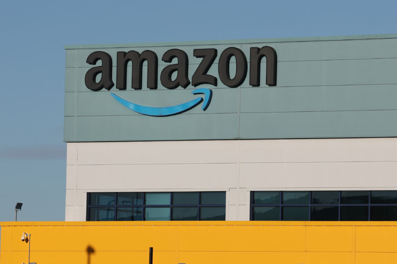 The Amazon logo is displayed outside the Amazon UK Services Ltd Warehouse on December 07, 2022 in Warrington, England