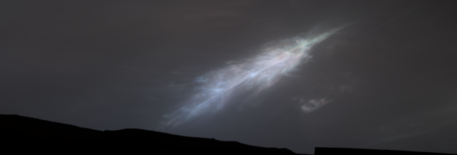 A noctilucent cloud shaped like a feather, as seen by NASA's Curiosity Mars rover. 