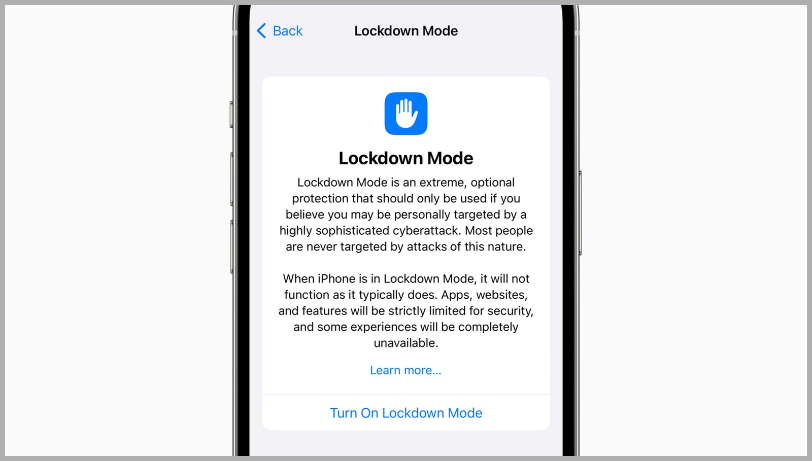 Screenshot of Lockdown Mode on iOS