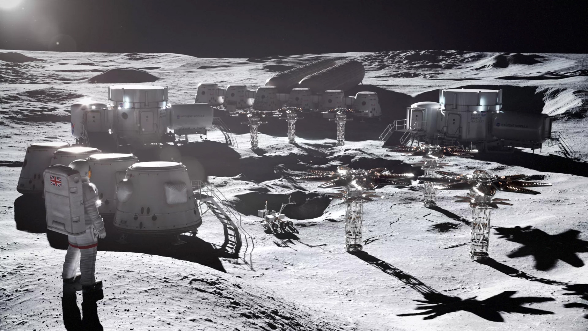 Artist's rendering of a lunar base with nuclear reactors.
