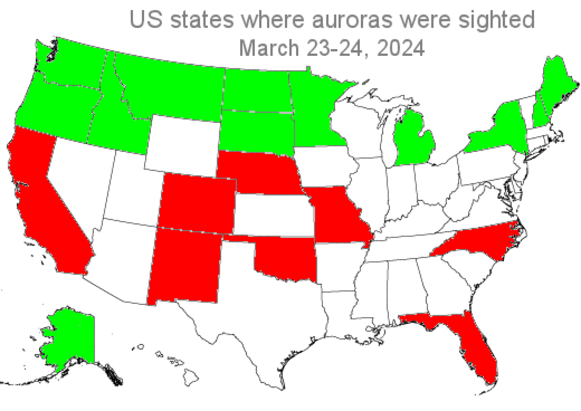 US states with reports of auroras after Tuesday's solar flare.