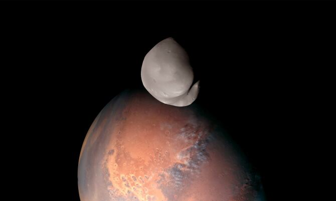 Deimos, the smaller of Mars' tiny moons