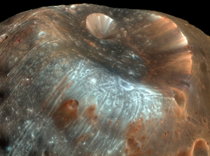Stickney crater, Phobos. Imaged by Mars Reconnaissance Orbiter, 23 March 2008.