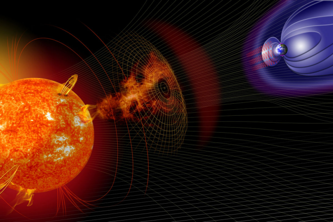 Radio waves emanating from a planet's atmosphere after being struck by a solar flare