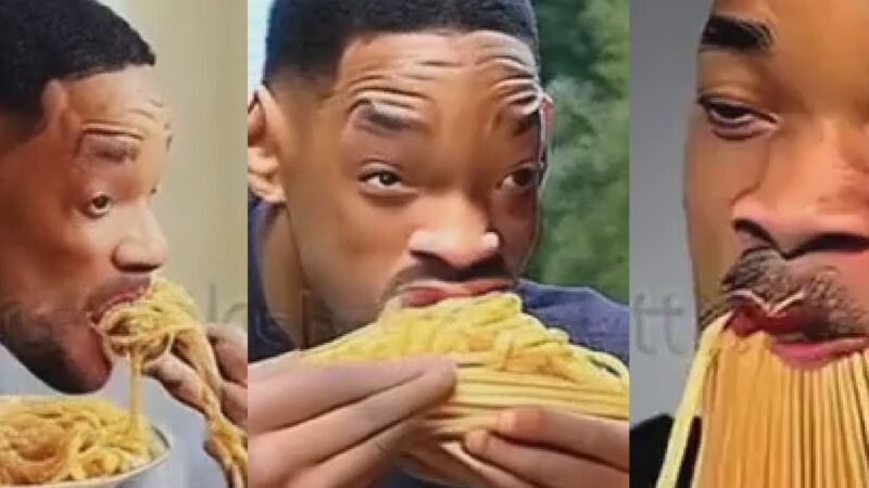 Stills from an AI-generated video of Will Smith eating spaghetti.