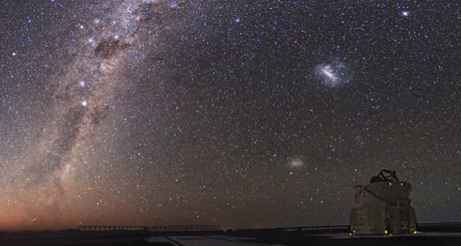 Milky Way, Large and Small Magellanic Clouds, above an ESO observatory dome at Cerro Paranal