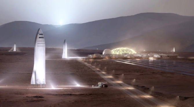Rendering of Starship on a Mars base