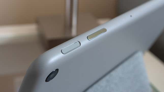 A close-up of the Google Pixel Tablet's lock/power button and volume rocker switch.
