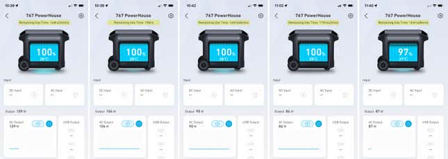 Several screenshots of the Anker mobile app highlighting varying Remaining Use Time estimations of the PowerHouse 767 battery.
