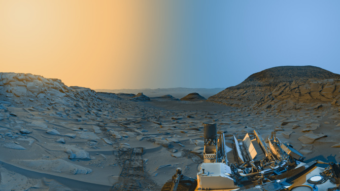 Side by side comparison of Mars' Marker Band Valley in the morning and afternoon