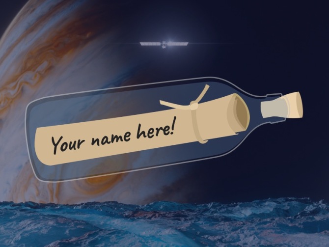 Your name here! A glass bottle with a rolled-up message tied with a string. Foreground: Europa. Background: Jupiter.