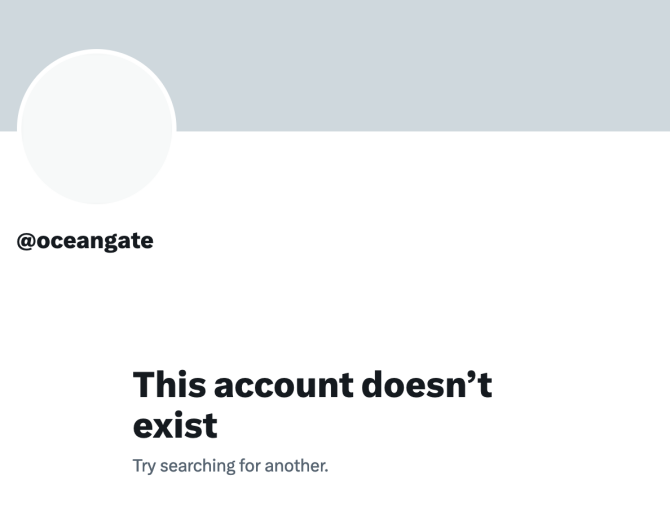 OceanGate's Twitter profile with a "this account doesn't exist" message.